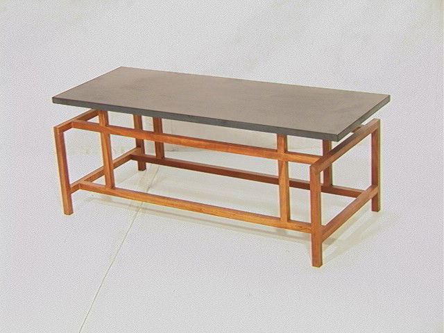 Architectural Komfort Slate Top Coffee Table: Architectural Taliesin style Slate Top Coffee Table by Komfort. Thick slate slab top. -- Dimensions: H: 17.25 inches: D: 20 inches: L: 45.5 inches --- Condition (General): Very Good Condition. Please