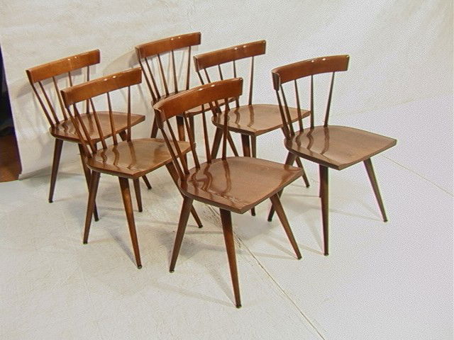 Set 6 PAUL McCOBB PLANNER GROUP Dining Chairs. Ta: Set 6 PAUL McCOBB PLANNER GROUP Dining Chairs. Tapered Legs. Labeled.-- Dimensions: H: 31 inches: W: 21 inches: D: 17.5 inches --- Condition (General): Some finish wear. Finish is darker on several ch
