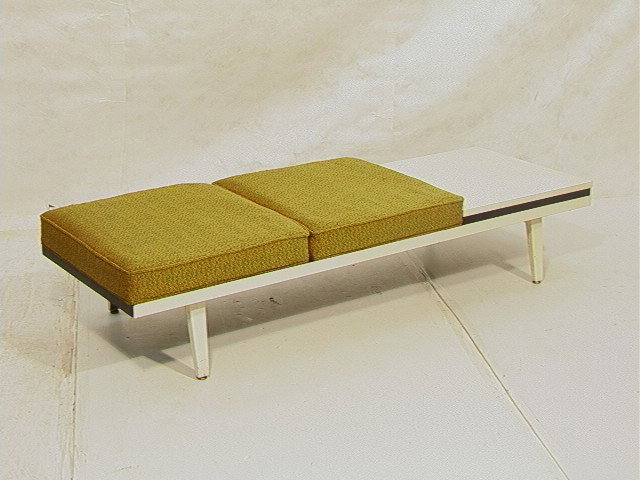 GEORGE NELSON HERMAN MILLER Steel Frame Bench Tab: GEORGE NELSON HERMAN MILLER Steel Frame Bench Table. Two upholstered sections with one table top section. White Iron Frame base. En suite with preceding and following lots. -- Dimensions: H: 15 inches