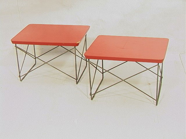 Pr Early CHARLES EAMES for HERMAN MILLER LTR Tabl: Pr Early CHARLES EAMES for HERMAN MILLER LTR Tables. Red table top on wire frame base. Early Miller label. 2 PCS.-- Dimensions: H: 10 inches: W: 15.5 inches: D: 13.25 inches --- Condition (General): D