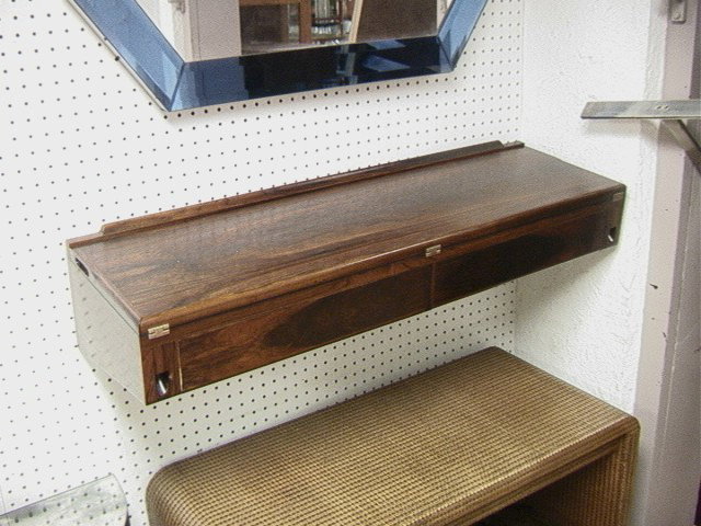 HOVMAND OLSEN Danish Modern Rosewood Wall Cabinet: HOVMAND OLSEN Danish Modern Rosewood Wall Cabinet Desk. Wall mounted cabinet with 2 drawers & drop down top. Foil label.-- Dimensions: H: 8.75 inches: W: 40.5 inches: D: 12 inches --- Condition (Gener
