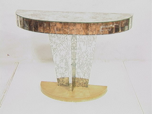 GROSFIELD HOUSE Style Regency style Hall Table.: GROSFIELD HOUSE Style Regency style Hall Table. Demi Lune Table with smoky mirrors. -- Dimensions: H: 29.5 inches: W: 42 inches: D: 14 inches --- Condition (General): Couple loose mirror panels. Crack