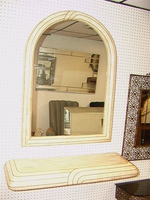 CARL SPRINGER style Mirror with Wall Mount Table: CARL SPRINGER style Mirror with Wall Mount Table Shelf. Tessellated design with Brass Inlay. -- Dimensions: H: 41 inches: W: 30 inches --- Condition (General): Very Good Condition. Please contact us w