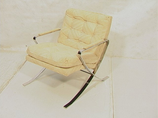 70's Modern Lounge Chair with Flat Chrome Frame.: 70's Modern Lounge Chair with Flat Chrome Frame. Heavy flat chrome design. Unmarked.-- Dimensions: H: 31 inches: W: 28 inches: D: 33 inches --- Condition (General): Two small stains to fabric. Please 