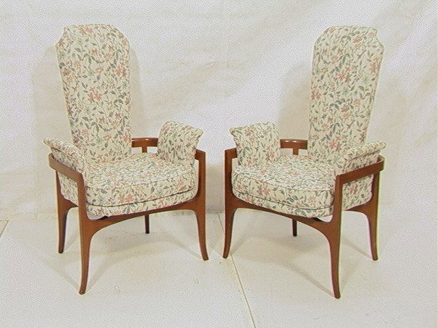 Pr 70's American Modern Lounge Chairs. Upholstere: Pr 70's American Modern Lounge Chairs. Upholstered Back & Seat with Exposed Wood Arms and Legs. Unmarked. 2 PCS.-- Dimensions: H: 44 inches: W: 28 inches: D: 28 inches --- Condition (General): Very Go