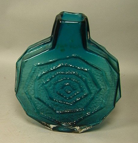 BLENKO Attribution. Large Art Glass Vase. Turquo: BLENKO Attribution. Large Art Glass Vase. Turquoise Glass with concentric octagonal decoration. Unmarked. Attribution. -- Dimensions: H: 12.5 inches: W: 11 inches: D: 4 inches --- Condition (General):