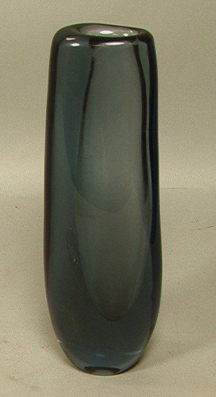 KOSTA Art Glass Vase. Sweden. VICKE LINDSTRAND. T: KOSTA Art Glass Vase. Sweden. VICKE LINDSTRAND. Tall Smoky Blue Glass Form. Hand Formed and Numbered.Marked: Kosta LH 1608.-- Dimensions: H: 11.75 inches: W: 4 inches: D: 2 inches --- Condition (Gener