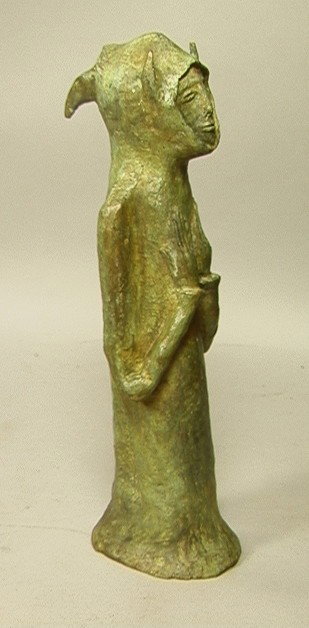 LEONORA CARRINGTON Bronze Figural Sculpture. Mexi: LEONORA CARRINGTON Bronze Figural Sculpture. Mexican/French Artist Sculptor. Green patinated bronze figure with face on back front and back. Signed & P/A.-- Dimensions: H: 13.5 inches: W: 3 inches: D:
