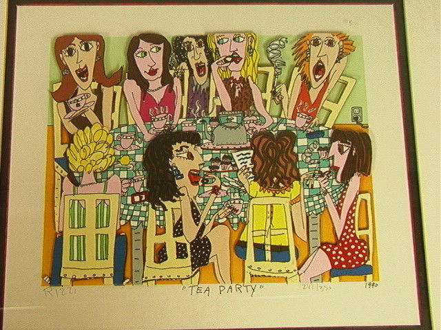JAMES RIZZI Silkscreen Assemblage. "Tea Party" 3D: JAMES RIZZI Silkscreen Assemblage. "Tea Party" 3D Print Sculpture. Pencil Signed and Dated 1990. -- Dimensions: Image Size: H: 7.5 inches: W: 9.5 inches --- Condition (General): Very Good Condition. P