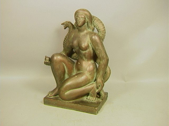 JEAN DeMARCO Plaster Art Deco Sculpture. Nude Fem: JEAN DeMARCO Plaster Art Deco Sculpture. Nude Female with Serpent. Green bronze finish. Signed.-- Dimensions: H: 19 inches: W: 11 inches: D: 8 inches --- Condition (General): Chips to base and scratch