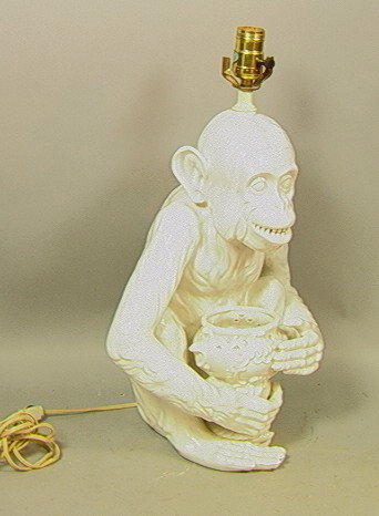 Italian Pottery Monkey Lamp. Crisp white glazed c: Italian Pottery Monkey Lamp. Crisp white glazed ceramic lamp.-- Dimensions: H: 17 inches: W: 14 inches: D: 9 inches --- Please contact us with specific questions about condition, not visible in the ph