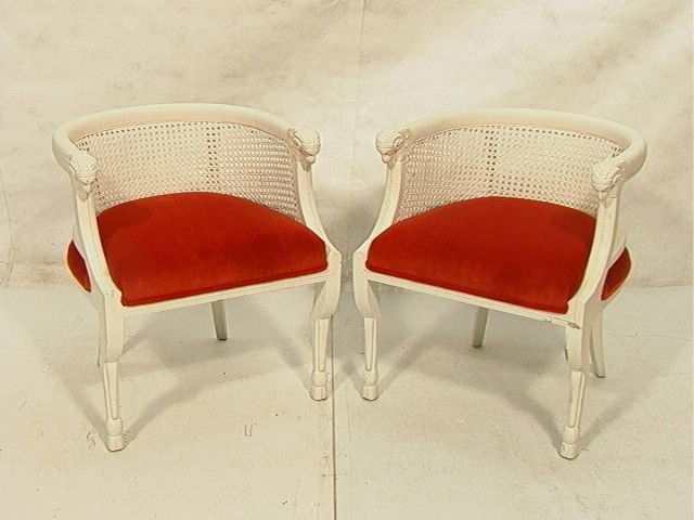 Pr Decorator Caned Back Barrel Side Chairs. Ram's: Pr Decorator Caned Back Barrel Side Chairs. Ram's head finials and hoof feet. Thick cushioned seat. 2 PCS.-- Dimensions: H: 25.5 inches: W: 24 inches: D: 25 inches --- Condition (General): Newly repai