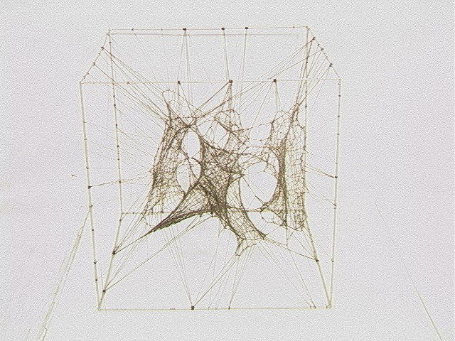 JUDITH KAPLAN INGLESE Aluminum and Thread Sculptu: JUDITH KAPLAN INGLESE Aluminum and Thread Sculpture. Nebulous Form Woven Thread Sculpture in Large Aluminum Cube. An Early piece by Judith Kaplan. She now resides in and creates large commissioned cer