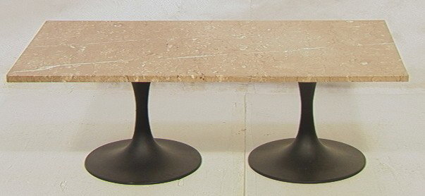 Marble Top Coffee Table with double Saarinen styl: Marble Top Coffee Table with double Saarinen style bases. Rectangular marble top over two brown tulip bases.-- Dimensions: H: 15 inches: D: 25 inches: L: 47 inches --- Condition (General): Very Good C