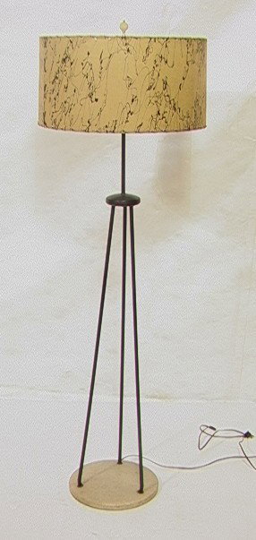 50's American Modern Tripod Floor Lamp. Tripod Ir: 50's American Modern Tripod Floor Lamp. Tripod Iron Form with Fiberglass base and original shade. -- Dimensions: H: 61 inches: W: 19 inches --- Condition (General): Very Good Condition. Some losses to