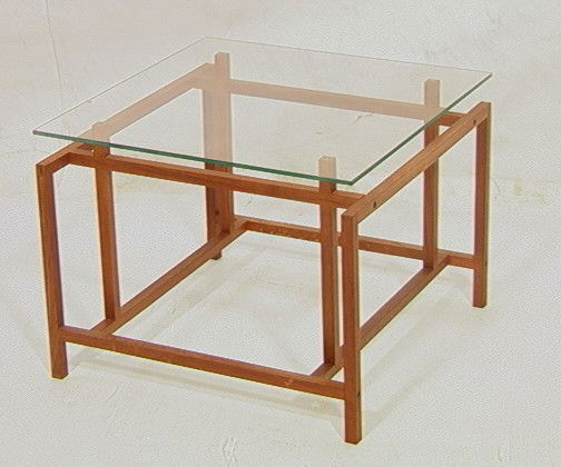 Architectural Komfort style Glass Top Side Table: Architectural Taliesin style Glass Top Side Table. Wood frame.-- Dimensions: H: 15 inches: W: 19.75 inches: D: 19.75 inches --- Condition (General): Water stains to wood. Please contact us with specif