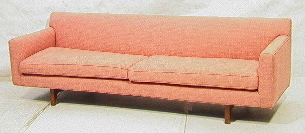 DUNBAR Long Sofa Couch with Mahogany Legs and Bac: DUNBAR Long Sofa Couch with Mahogany Legs and Back Frame. Unmarked.-- Dimensions: H: 28 inches: D: 32 inches: L: 91 inches --- Condition (General): Reupholstered. Some stains and wear to fabric. Some 