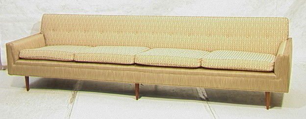 THAYER COGGIN Long Upholstered Sofa Couch. Tufted: THAYER COGGIN Long Upholstered Sofa Couch. Tufted Back. Four Loose Seat Cushions. Tapered peg legs. Most likely by MILO BAUGHMAN for Thayer Coggin. When reupholstered, the tag was removed from sofa, b