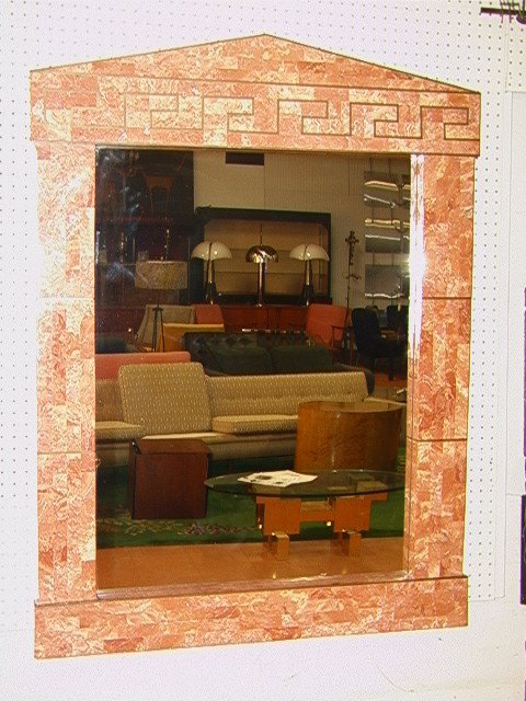 CARL SPRINGER style Tessellated Pink Marble Mirro: CARL SPRINGER style Tessellated Pink Marble Mirror. Brass inlay Greek Key design.-- Dimensions: H: 53 inches: W: 38.5 inches: D: 0 inches --- Condition (General): Several Chips to edges and corners. P