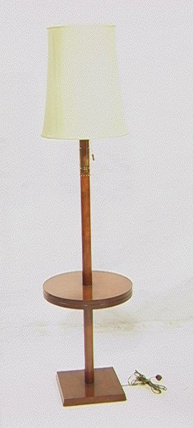TOMMI PARZINGER Originals Walnut Floor Table Lamp: TOMMI PARZINGER Originals Walnut Floor Table Lamp. Walnut Column with Brass accents and trim. Round Table Top. Branded Mark.-- Dimensions: H: 67 inches: W: 16 inches: D: 16 inches --- Condition (Gener