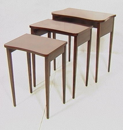 Set GILBERT ROHDE Three ACACIA Wood Nesting Table: Set GILBERT ROHDE Three ACACIA Wood Nesting Tables. American Modern. Tapered square legs-- Dimensions: H: 27.5 inches: W: 25.5 inches: D: 16 inches --- Condition (General): Veneer chips. Wear to edges