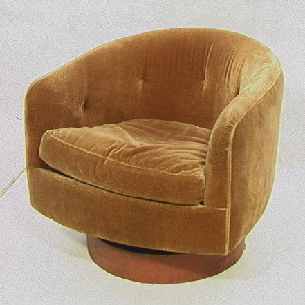 THAYER COGGIN Barrel Chair with Swivel Rocker Bas: THAYER COGGIN Barrel Chair with Swivel Rocker Base. Brownish Velvet Upholstery. Veneered Teak Base. T.C. tag.-- Dimensions: H: 25 inches: W: 28 inches: D: 31 inches --- Condition (General): Damage to
