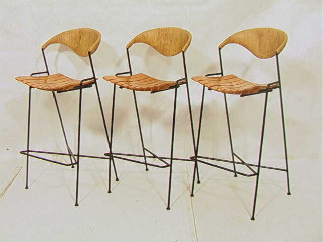 394 Set 3 Arthur Umanoff Bar Stools Wood Slat Seats
