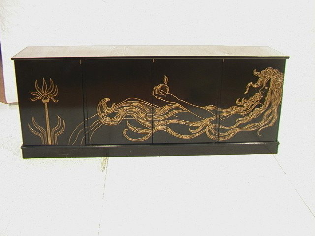 80's Black Lacquer 4 Door Cabinet Credenza. High: 80's Black Lacquer 4 Door Cabinet Credenza. High relief painted Art Nouveau Woman with Apple. Artwork signed Patricia. Interior shelves. -- Dimensions: H: 29 inches: D: 17.5 inches: L: 75 inches --- C