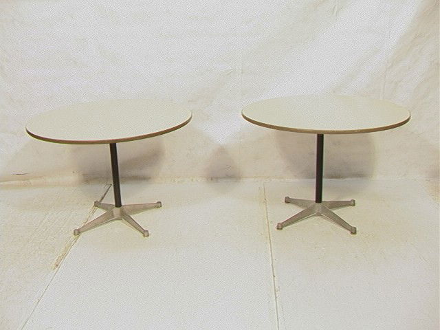 pr HERMAN MILLER Dining Cafe Tables. Formica Tops: pr HERMAN MILLER Dining Cafe Tables. Formica Tops. H MILLER sticker. 2 PCS.-- Dimensions: H: 28 inches: W: 42 inches --- Condition (General): Spots to metal. Scuffs & scratches. No screws for top. Ple