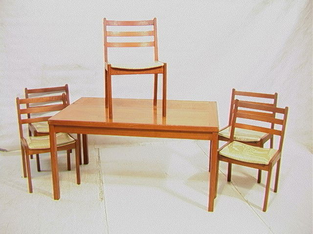 Danish Modern Teak Dining Table 5 Chairs. Refract: Danish Modern Teak Dining Table 5 Chairs. Refractory Style Table. Stamped: Made in Denmark.-- Dimensions: H: 28.5 inches: D: 35.25 inches: L: 55.25 inches --- Condition (General): Wear & stains. Rough