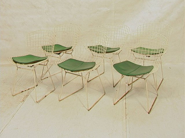 Set 6 HARRY BERTOIA Wire Frame Chairs. Original G: Set 6 HARRY BERTOIA Wire Frame Chairs. Original Green Seat Pads. 6 PCS.-- Dimensions: H: 29 inches: W: 21 inches: D: 19 inches --- Condition (General): Extensive wear to leg bottoms. Chips and losses