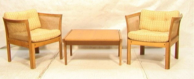 3pcs Borge Mogensen Style Chairs and Table. Cane: 3pcs Borge Mogensen Style Chairs and Table. Cane sides & back. Replaced stapled in straps. Chair25.5x29x26-- Dimensions: --- Please contact us with specific questions about condition, not visible in t