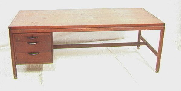 Jens Risom Executive Desk. American Modern Walnu: Jens Risom Executive Desk. American Modern Walnut.-- Dimensions: H: 29 inches: W: 81.25 inches: D: 36 inches --- Condition (General): A few scratches. Top has finish issues. Please contact us with spe