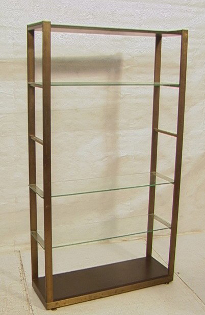 Milo Baughman Style Etagere Shelf. Brushed brass: Milo Baughman Style Etagere Shelf. Brushed brass finish and glass shelves.-- Dimensions: H: 78 inches: W: 42 inches: D: 14 inches --- Condition (General): One glass shelf is missing. Blemishes on meta