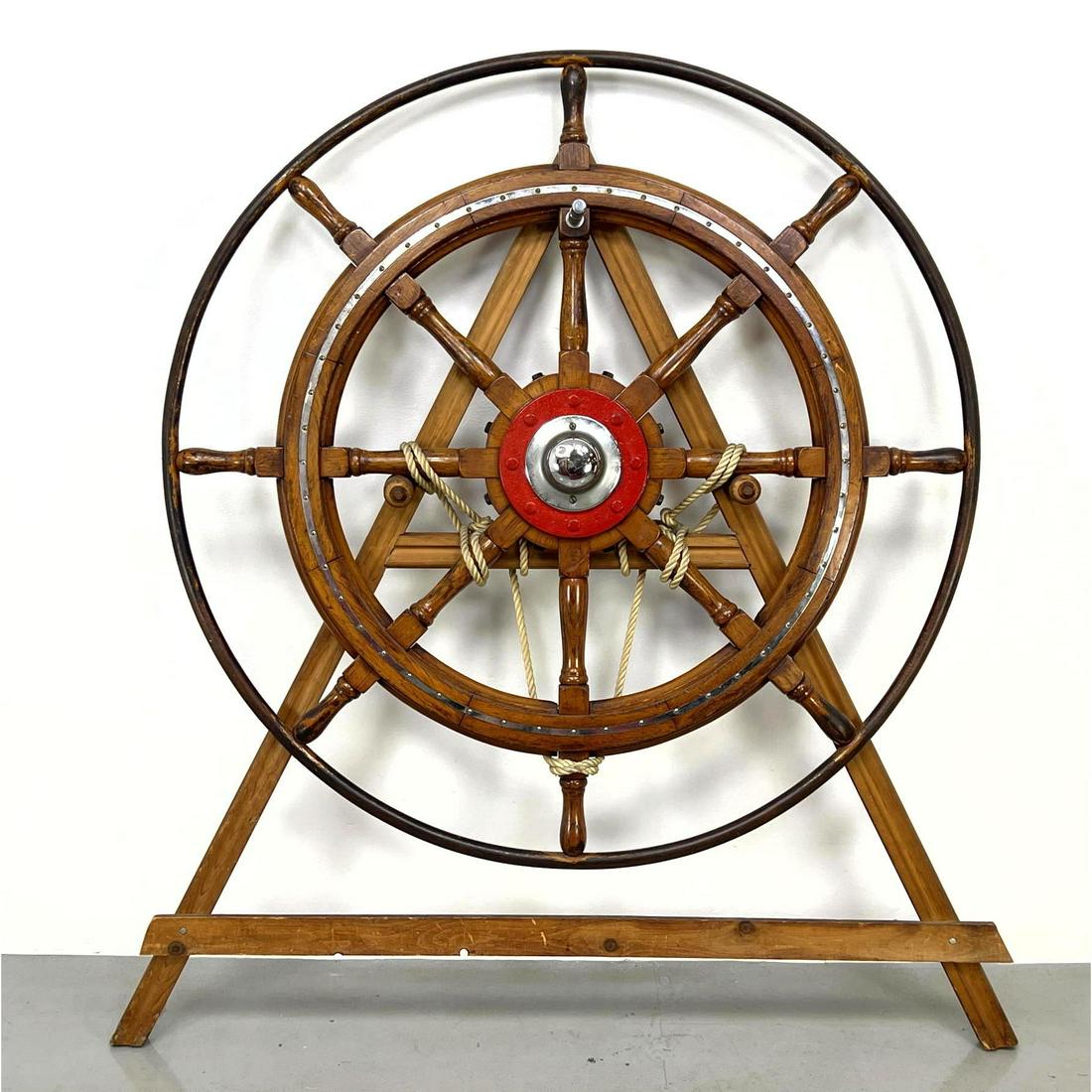 Large Antique Ship's Wheel In custom display easel. Marine Industrial. Maker's Mark: Holland (1 of 11)