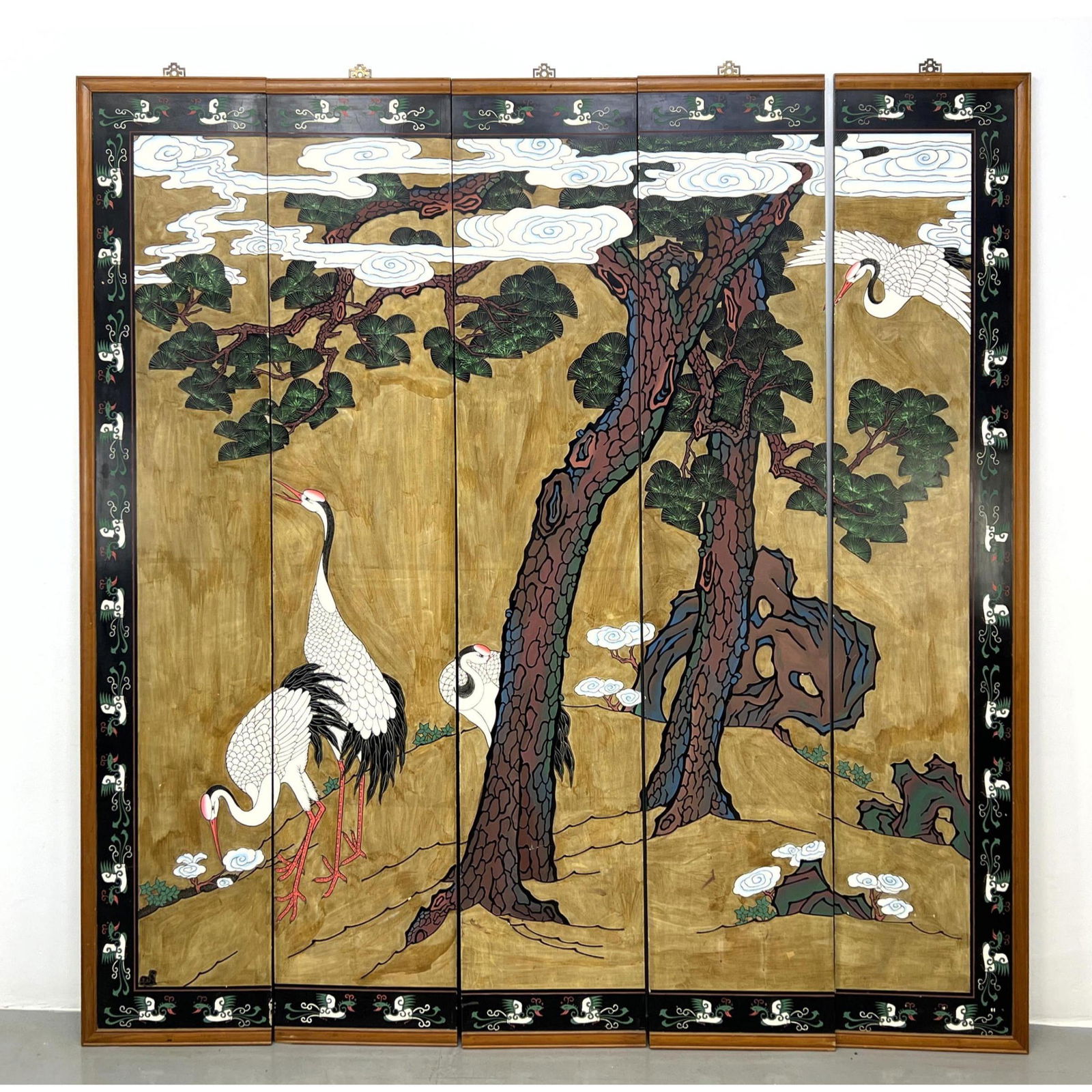 Five Panel Asian Carved Wood Folding Screen. Room Divider. Each side with relief images of cranes in (1 of 17)