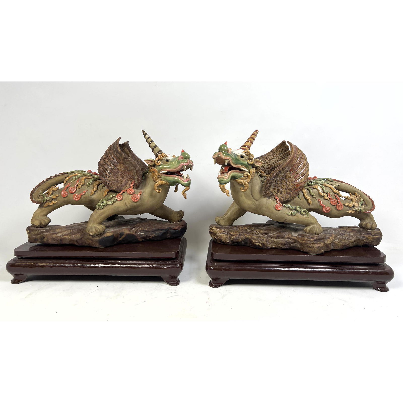 Pr Pottery Winged Dragon with Horn. Icing decoration.  Pottery figures are 11" tall. Signed. (1 of 11)