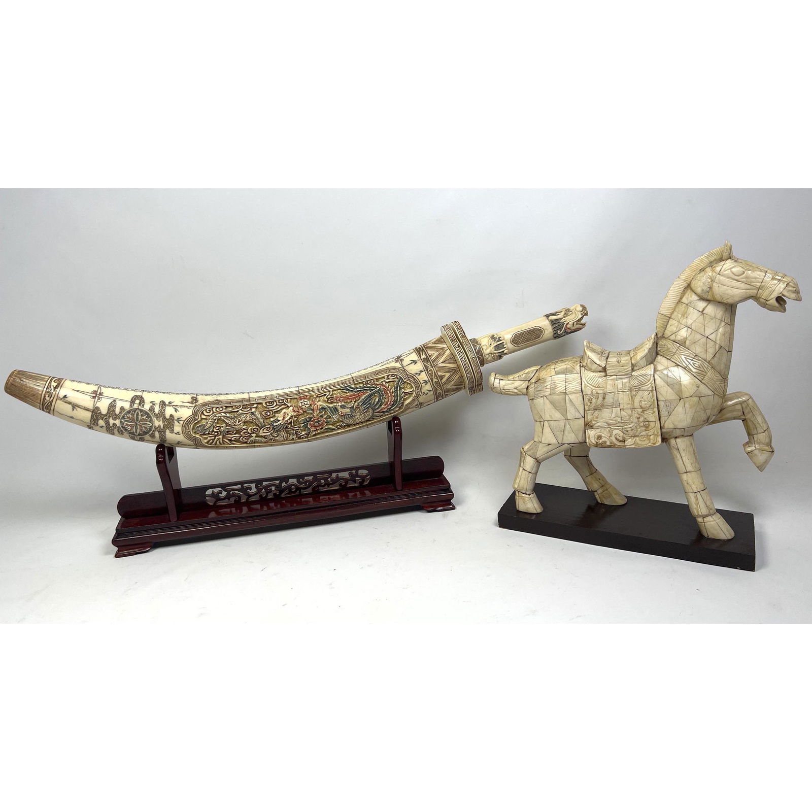 2pc Asian Items. Figural Horse Sculpture with mosaic tile surface. Sword with carved hilt. (1 of 11)