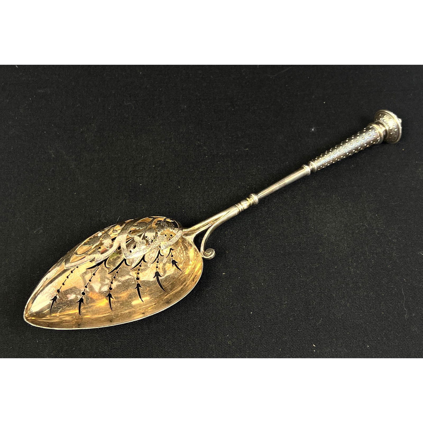 BUELL and CO Sterling Silver Antique Spoon. Pierced Bowl with decorative floral element. Marked. H M (1 of 9)