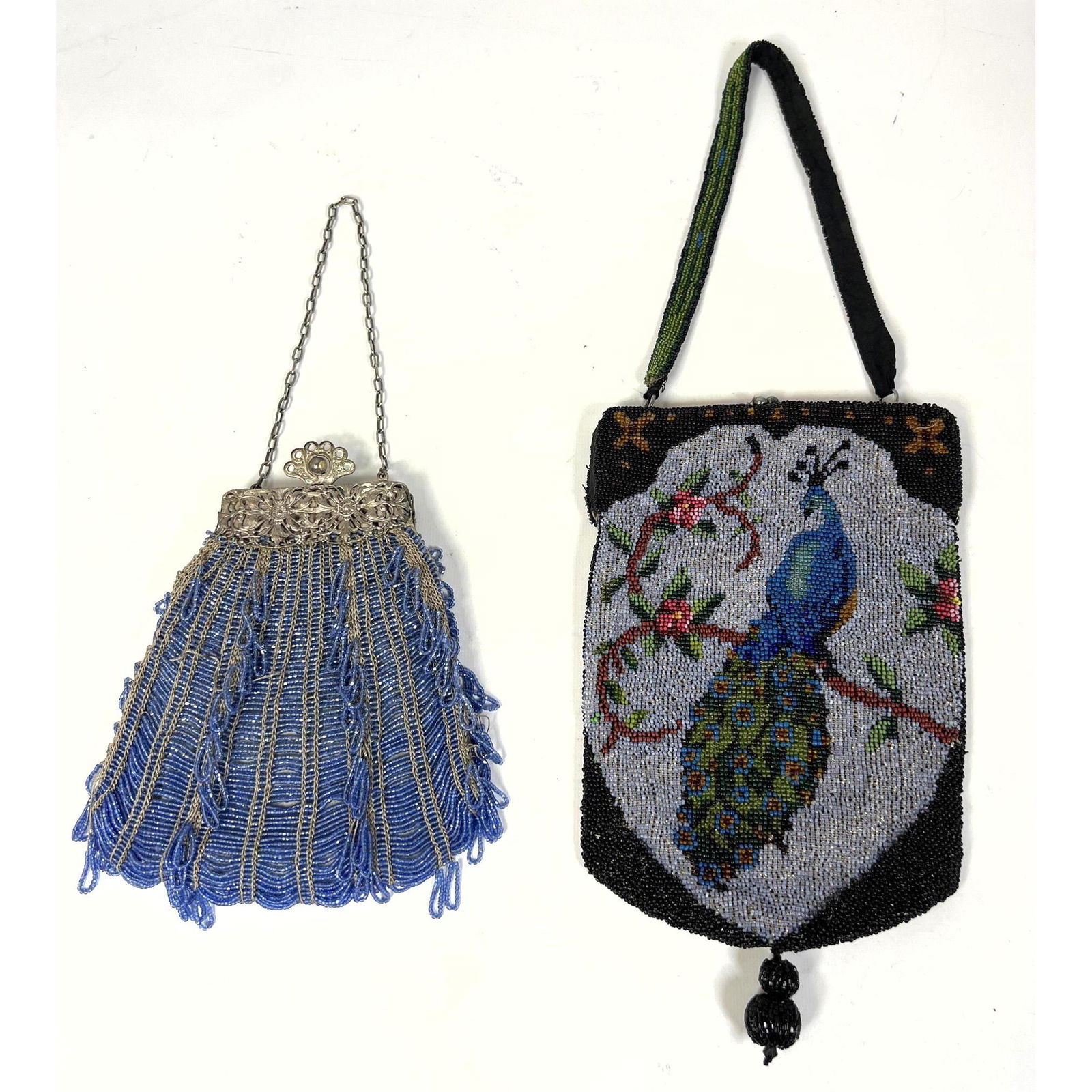 2pc beaded Vintage Purses. One with peacock design. Silver filigree clasp on fringed blue bead bag. (1 of 7)