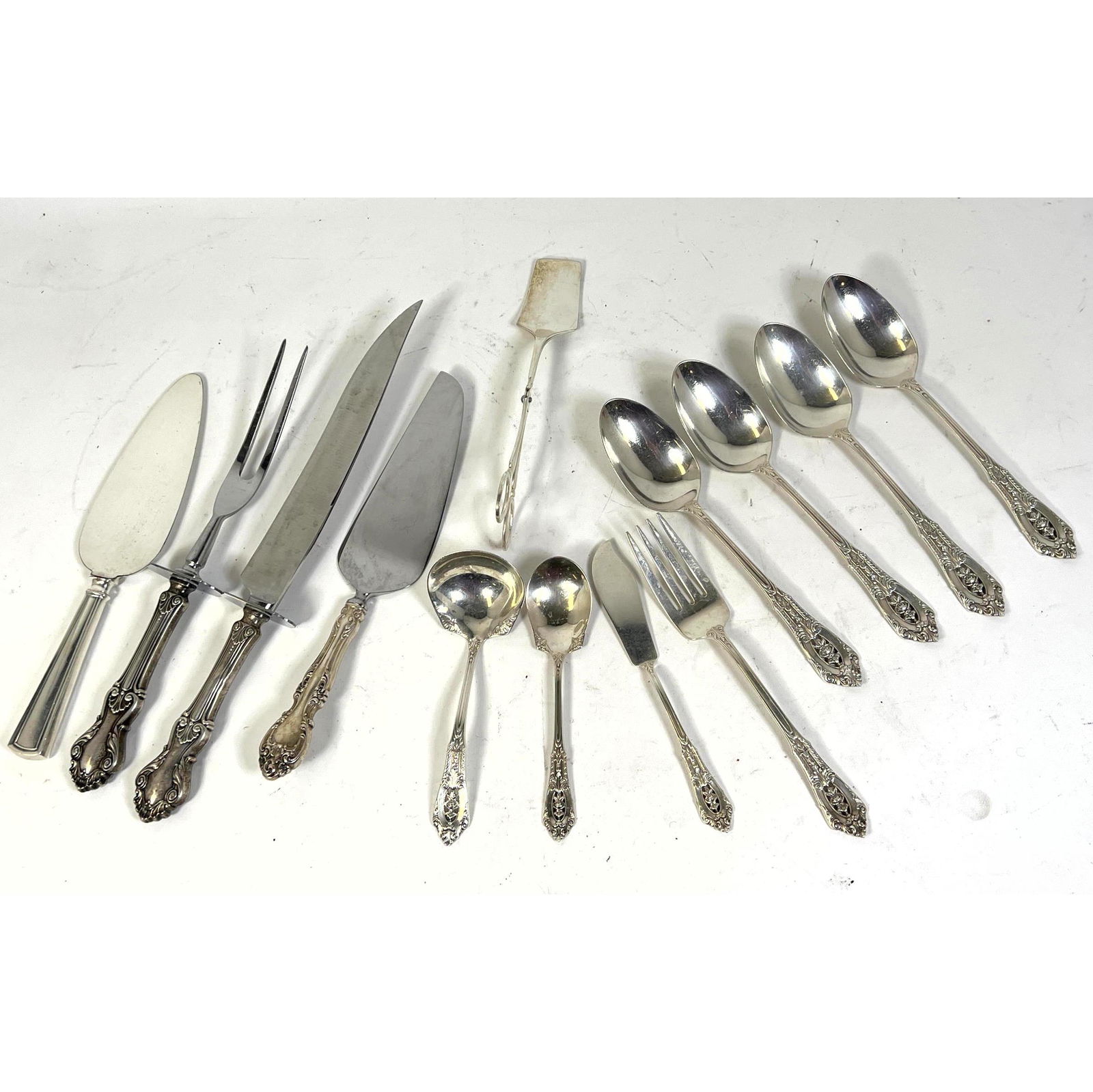 15pc Wallace Rose Point sterling serving pieces and others. EPNS tongs. Pie service. Knives. Some ha (1 of 9)