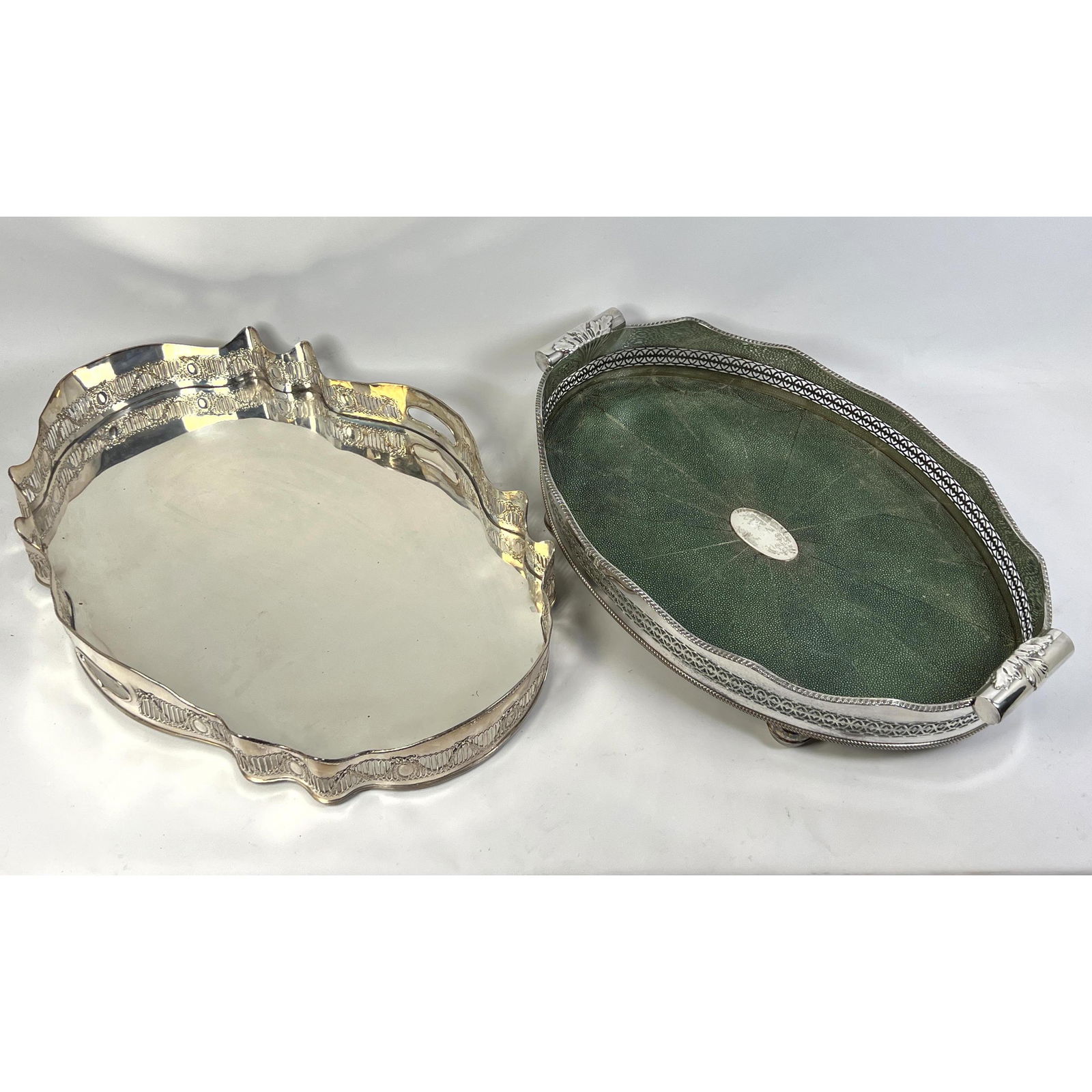 2pc Large Silver Plate Gallery Trim Oval Platters. One tray lined in green shagreen. Pierced gallery (1 of 14)