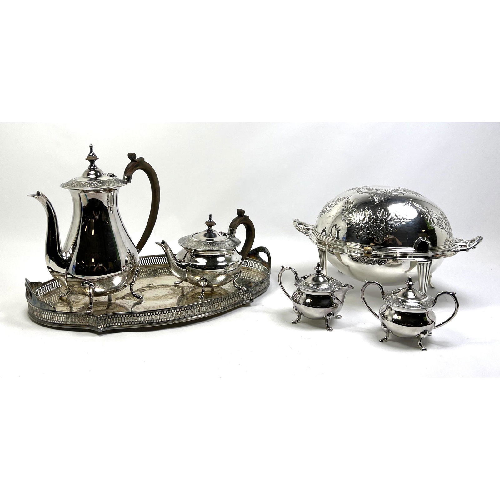 Lot Vintage Fancy Silver Plate. Tea Service with Teapot, Coffee Pot, Sugar, Creamer.  Tray with Gall (1 of 13)