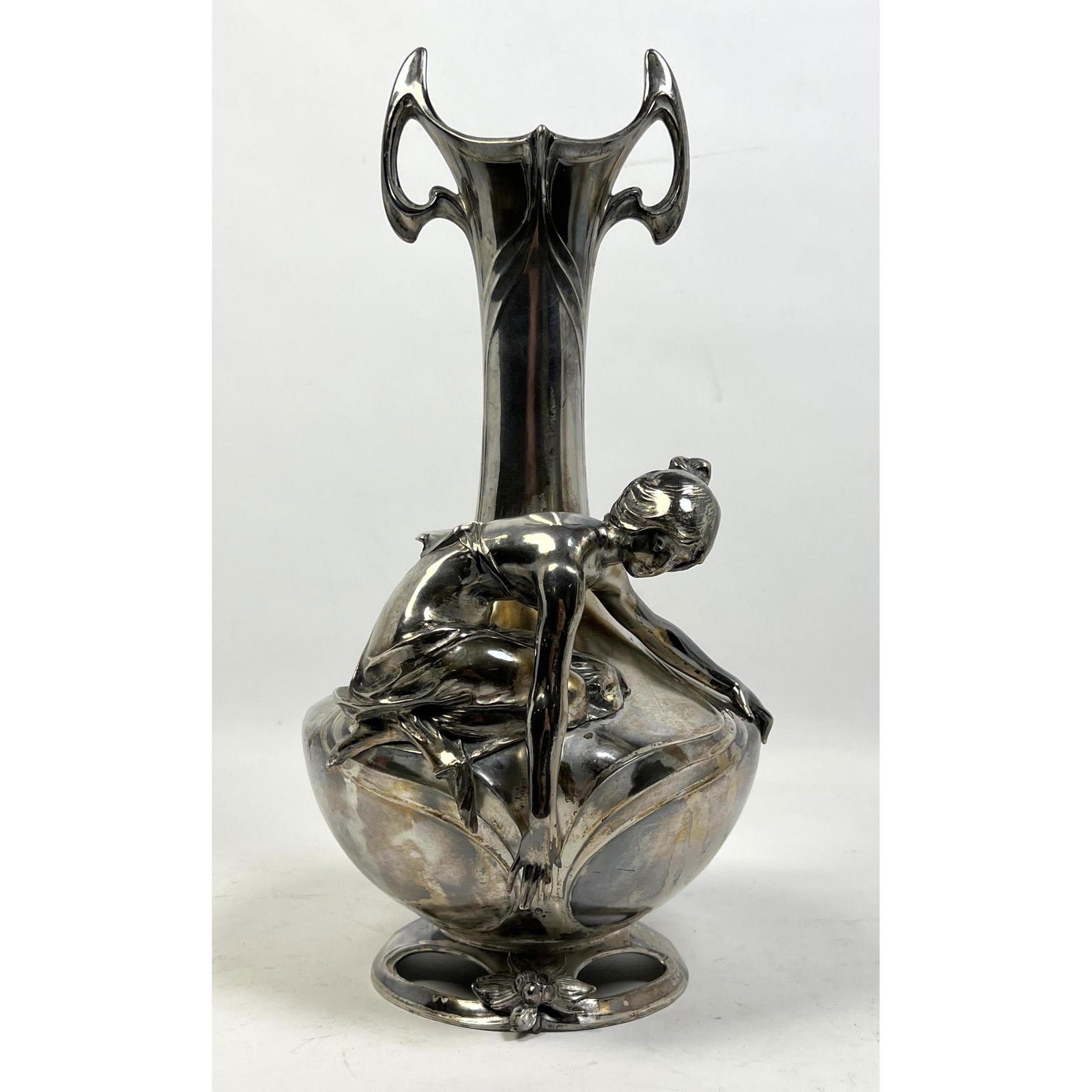 Art Nouveau silver plate base metal vase. Figural female. (1 of 8)