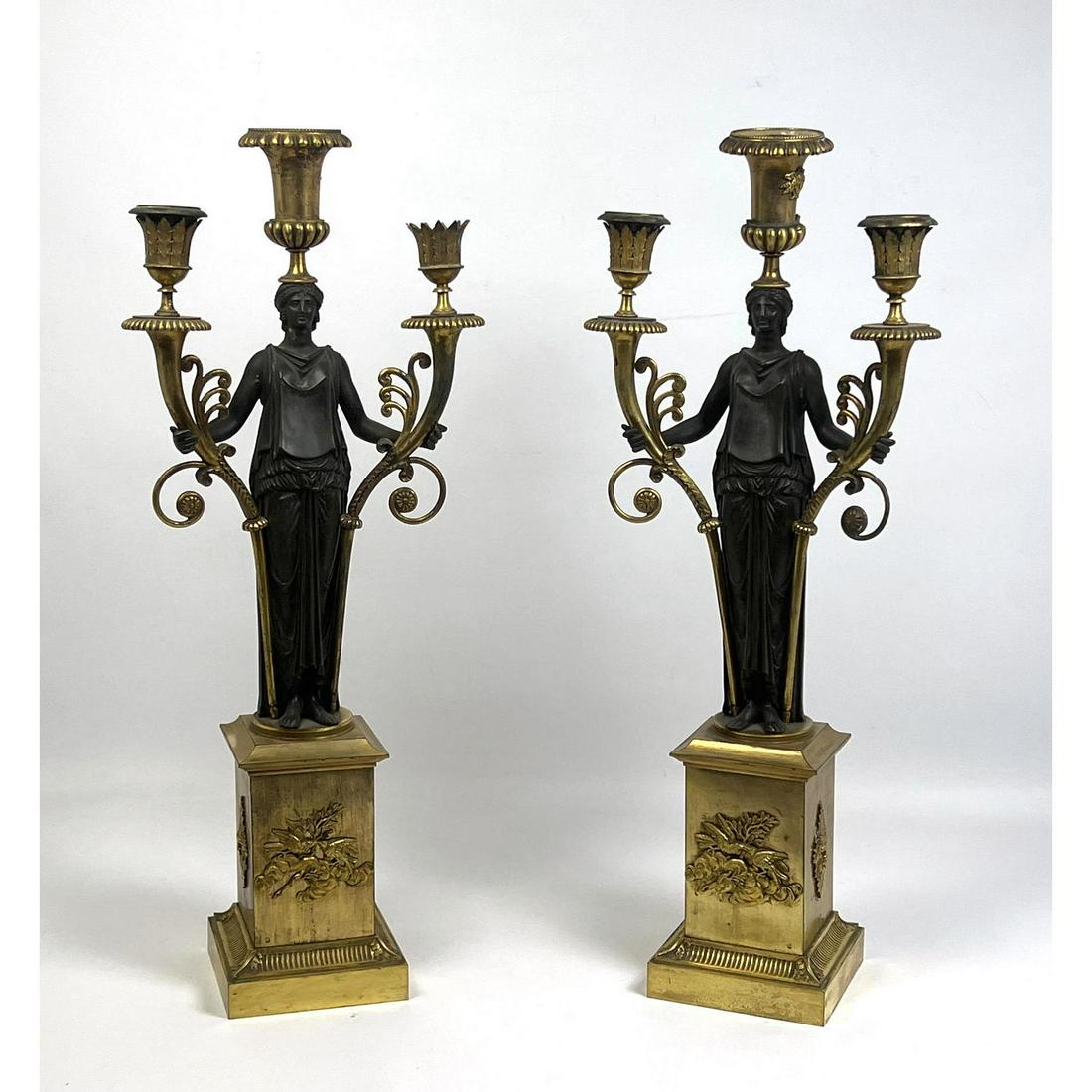 Pr Antique French Empire Bronze Candelabra. Elegant female in gown supports three bronze candle hold (1 of 8)