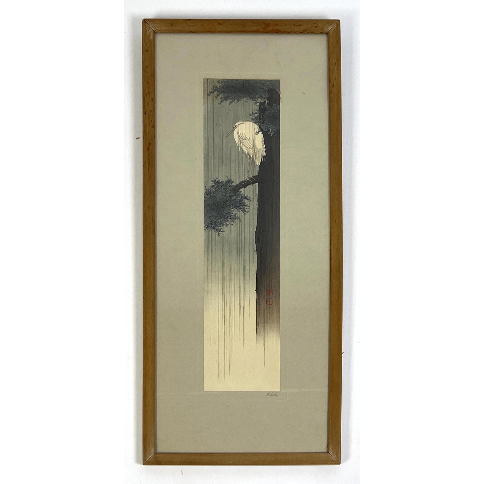 Shoda Koho Heron Woodblock Print hand signed: Shoda Koho Heron Woodblock Print hand signed Dimensions: H: 13.5 inches: W: 3 inches: Frame Height: 19 inches: Frame Width: 8 inches ---