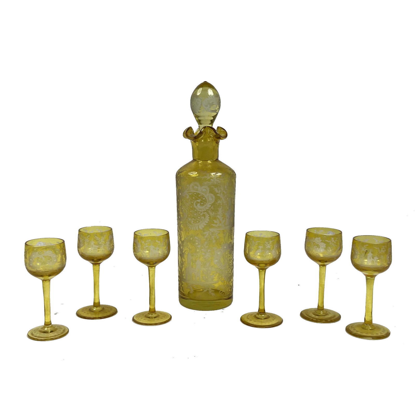 7pc Bohemian Glass Decanter. Six Stem Cordial glasses. Yellow cut to clear. (1 of 7)