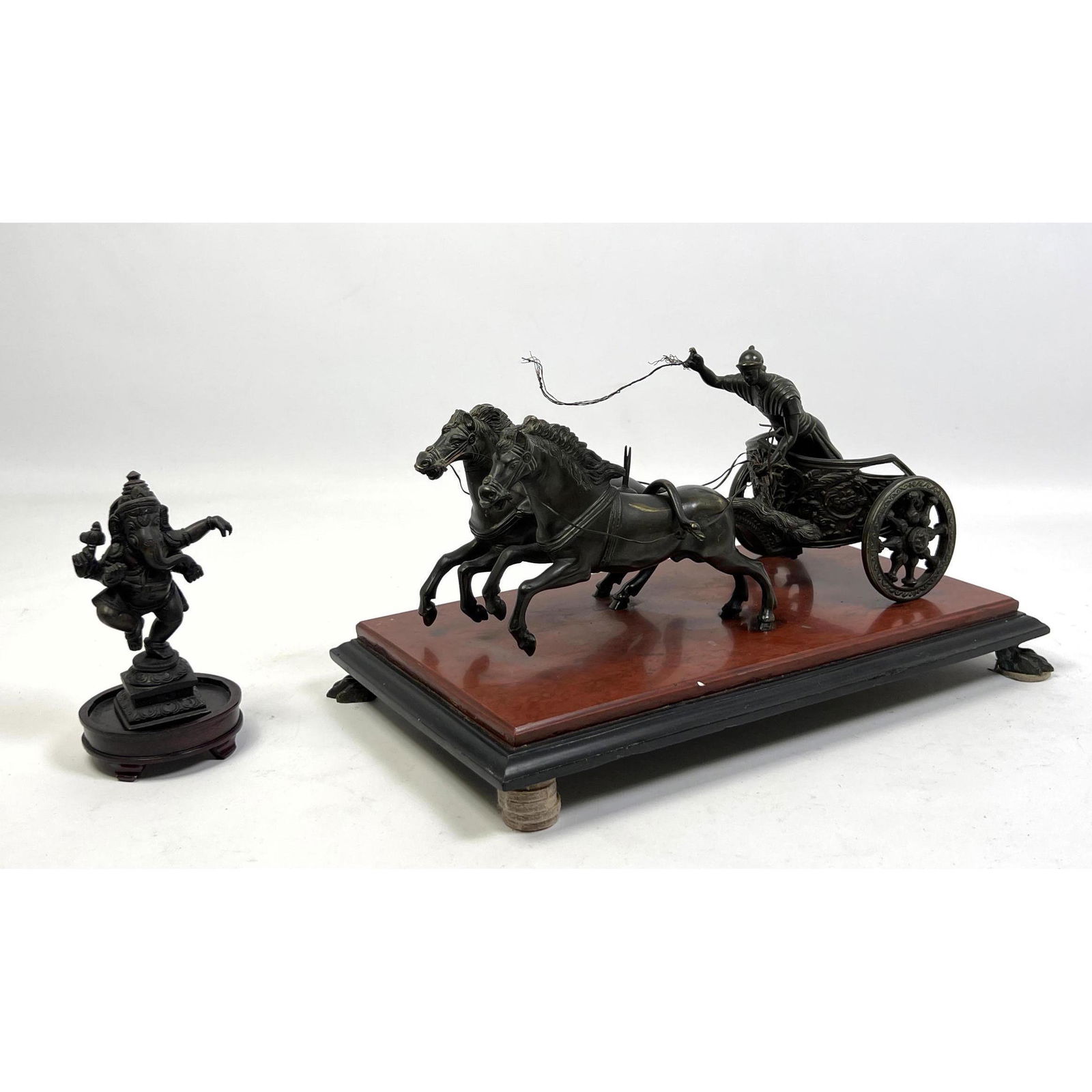 2pc Metal Sculpture. 1). Ganesha Figure. 2). Charioteer and Horses Chariot. (1 of 12)