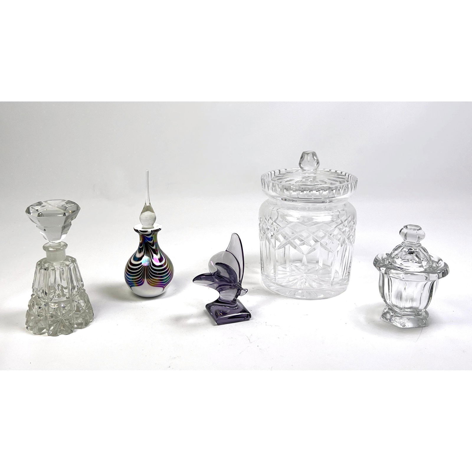 5pc Crystal and Art Glass Lot. WATERFORD Lidded Jar. BACCARAT Butterfly Figure. BACCARAT Covered Jar (1 of 13)