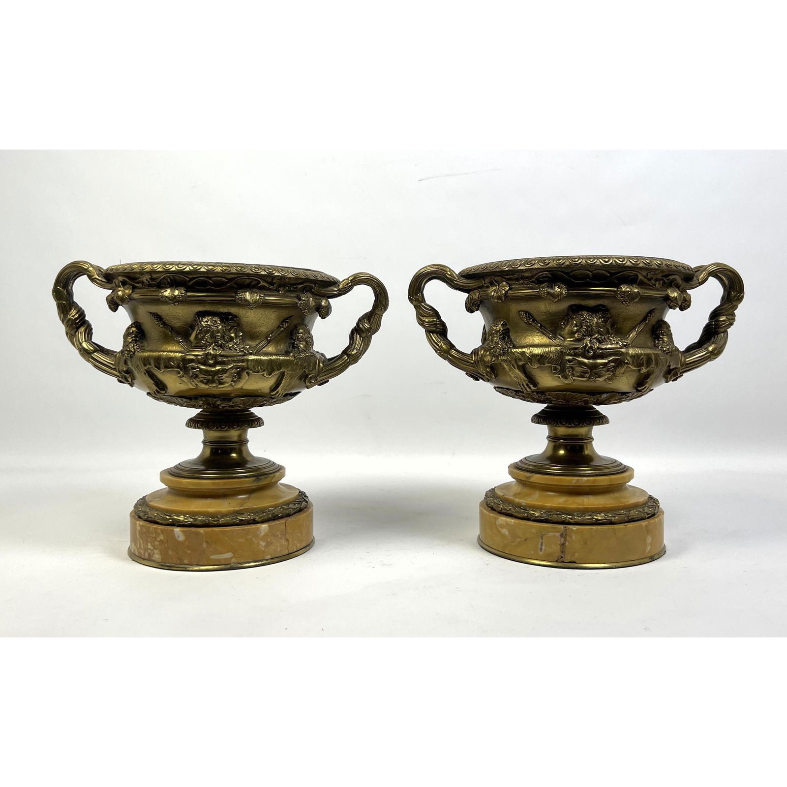 Pr Metal Tazzas Compotes. Marble bases. Decorative handles. Images of heads, animal pelts, masks, fr (1 of 8)